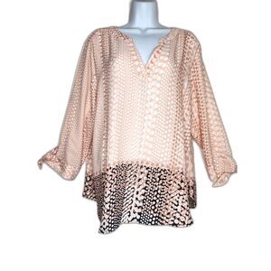 Valerie Stevens Peach & Black Dot Print Blouse XL Flowy V-Neck Tunic Top Comfy